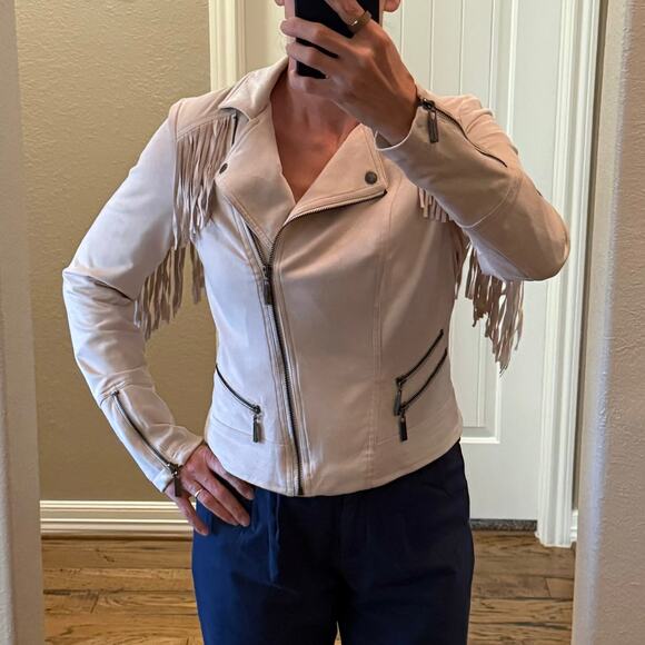 JouJou Faux Suede Western Fringe Moto Jacket Zippers Lined Cream Ivory Medium - Picture 9 of 10